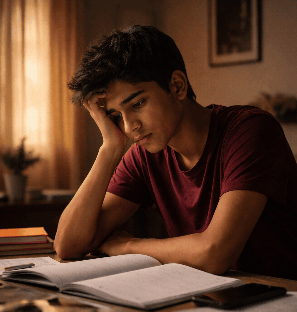 A teenager sitting alone and looking worried while studying